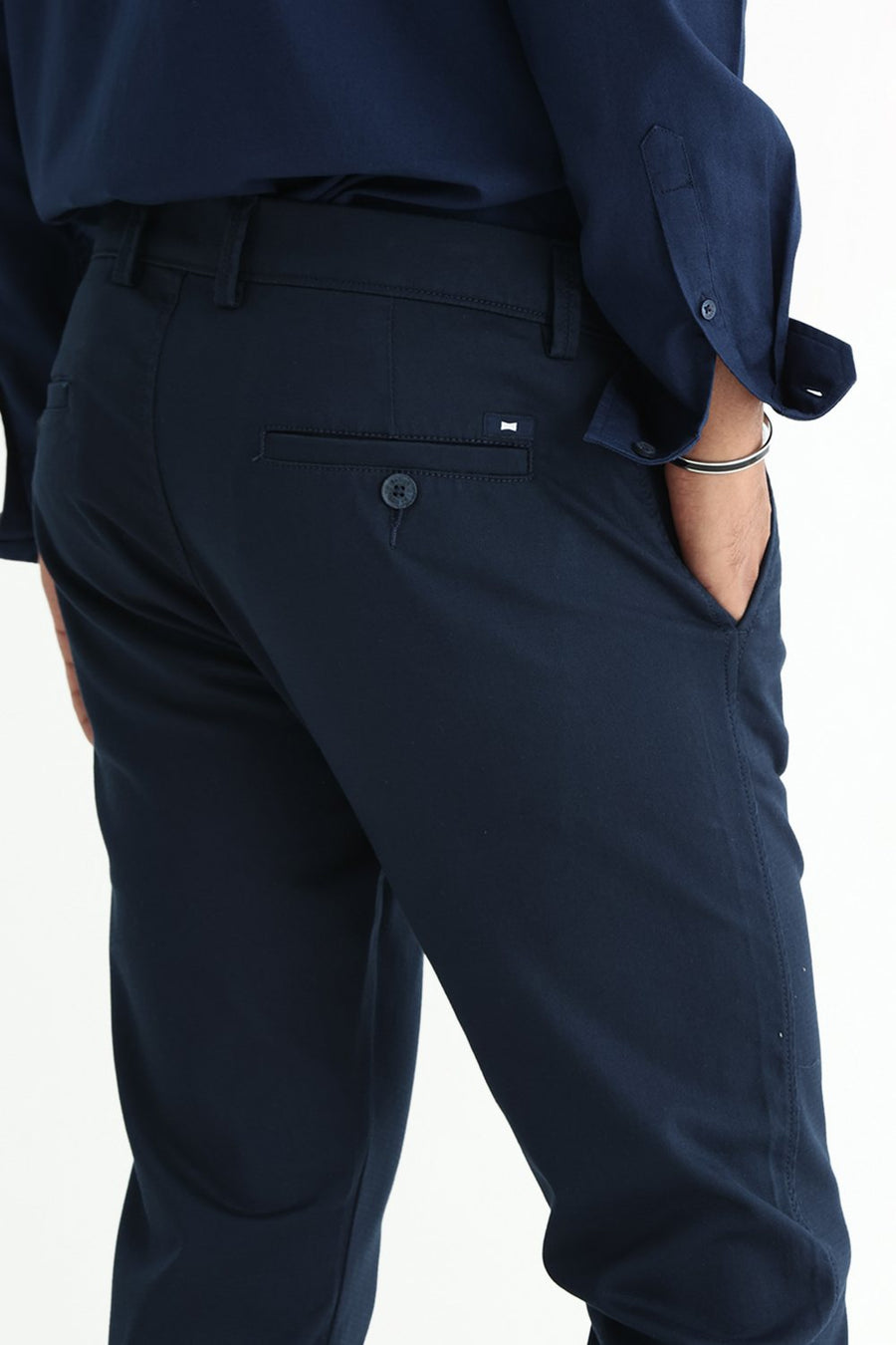 BASICS TAPERED FIT COLLEGIATE NAVY COTTON STRETCH STRUCTURE TROUSER