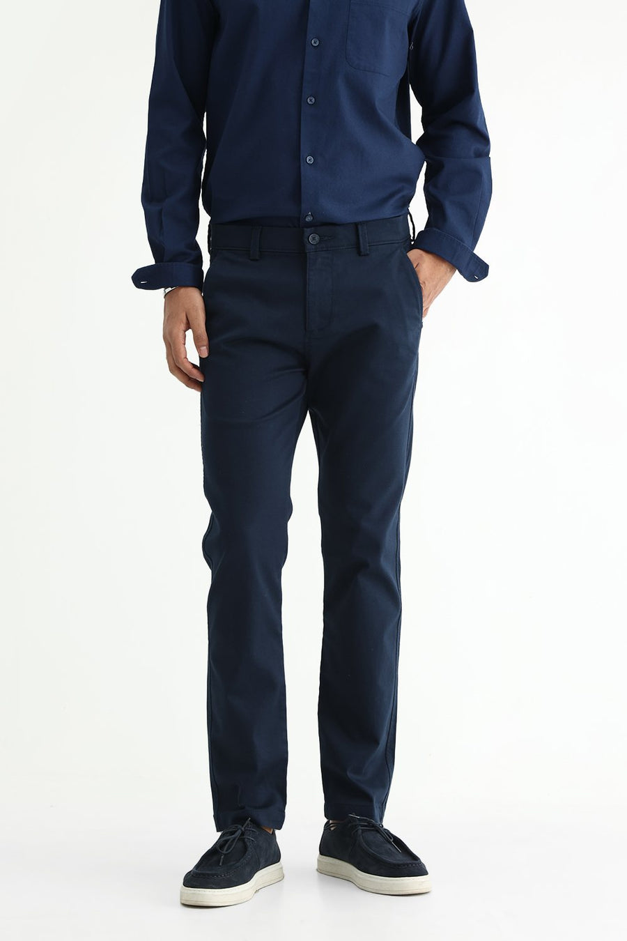 BASICS TAPERED FIT COLLEGIATE NAVY COTTON STRETCH STRUCTURE TROUSER