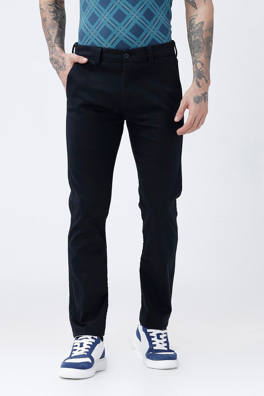 BASICS TAPERED FIT COLLEGIATE NAVY COTTON STRETCH STRUCTURE TROUSER