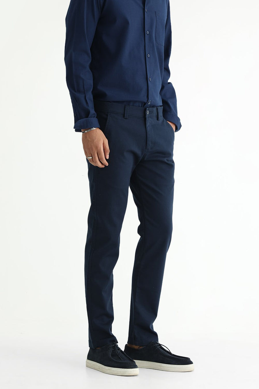 BASICS TAPERED FIT COLLEGIATE NAVY COTTON STRETCH STRUCTURE TROUSER