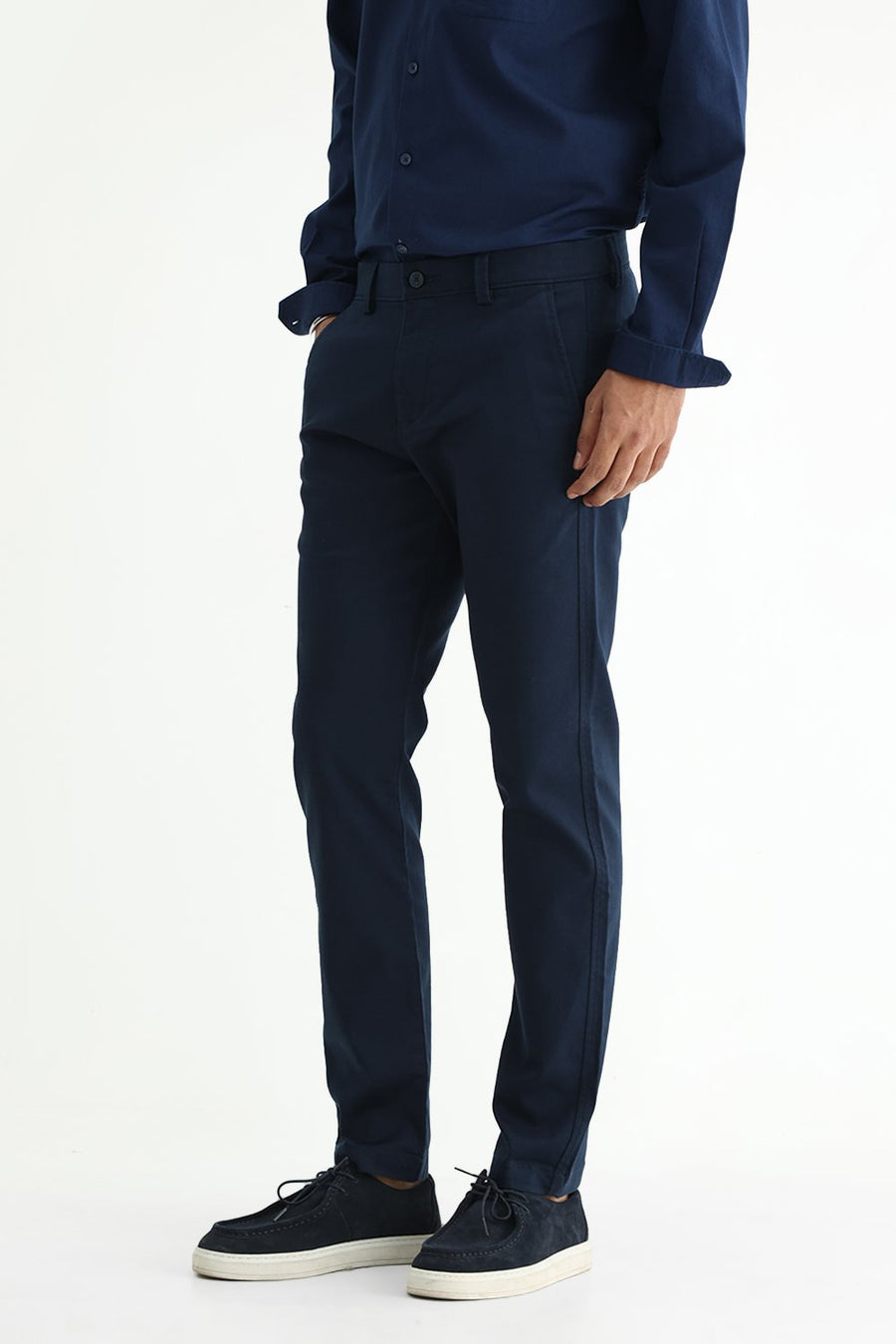 BASICS TAPERED FIT COLLEGIATE NAVY COTTON STRETCH STRUCTURE TROUSER