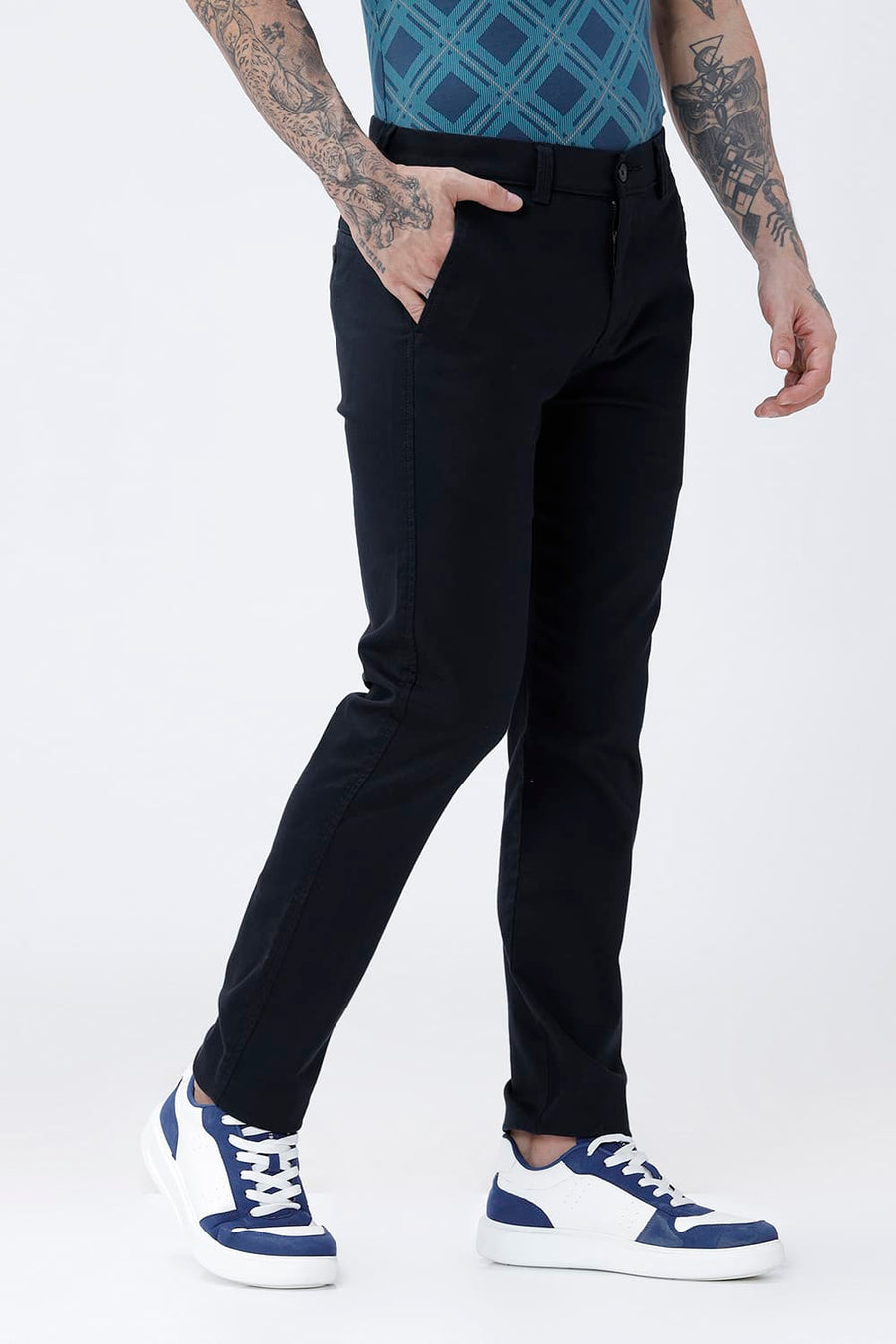 BASICS TAPERED FIT COLLEGIATE NAVY COTTON STRETCH STRUCTURE TROUSER