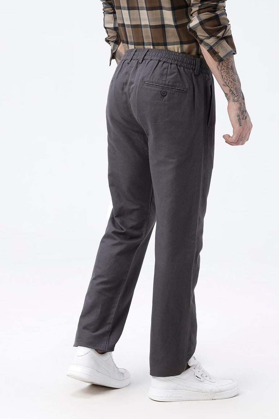 BASICS DRIFT FIT IMPENETRABLE DARK GREY COTTON LINEN STRUCTURE TROUSER