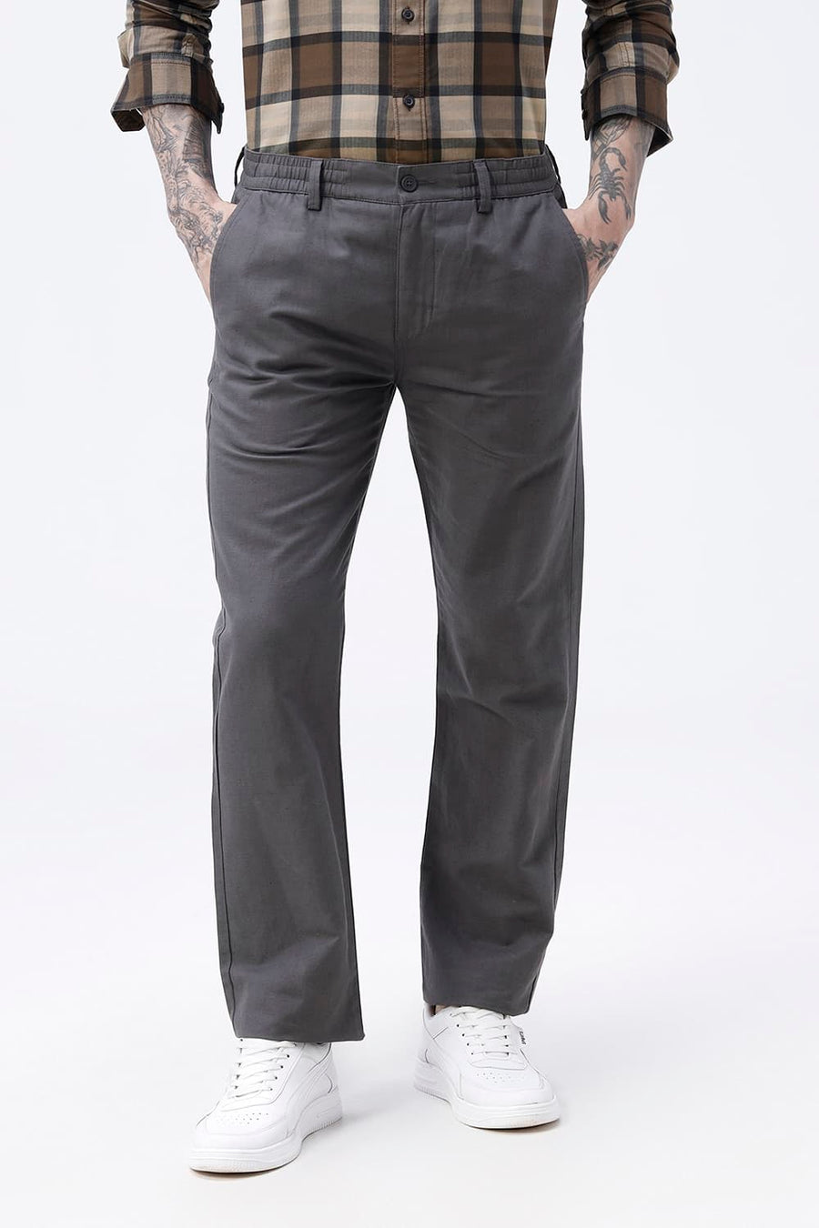 BASICS DRIFT FIT IMPENETRABLE DARK GREY COTTON LINEN STRUCTURE TROUSER