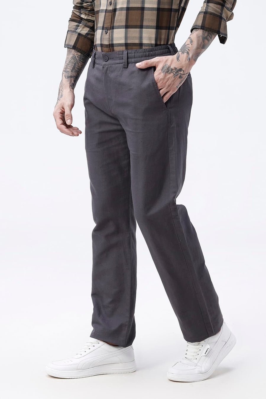 BASICS DRIFT FIT IMPENETRABLE DARK GREY COTTON LINEN STRUCTURE TROUSER