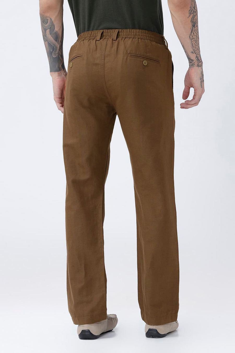 BASICS DRIFT FIT DESERT PALM BROWN COTTON LINEN STRUCTURE TROUSER