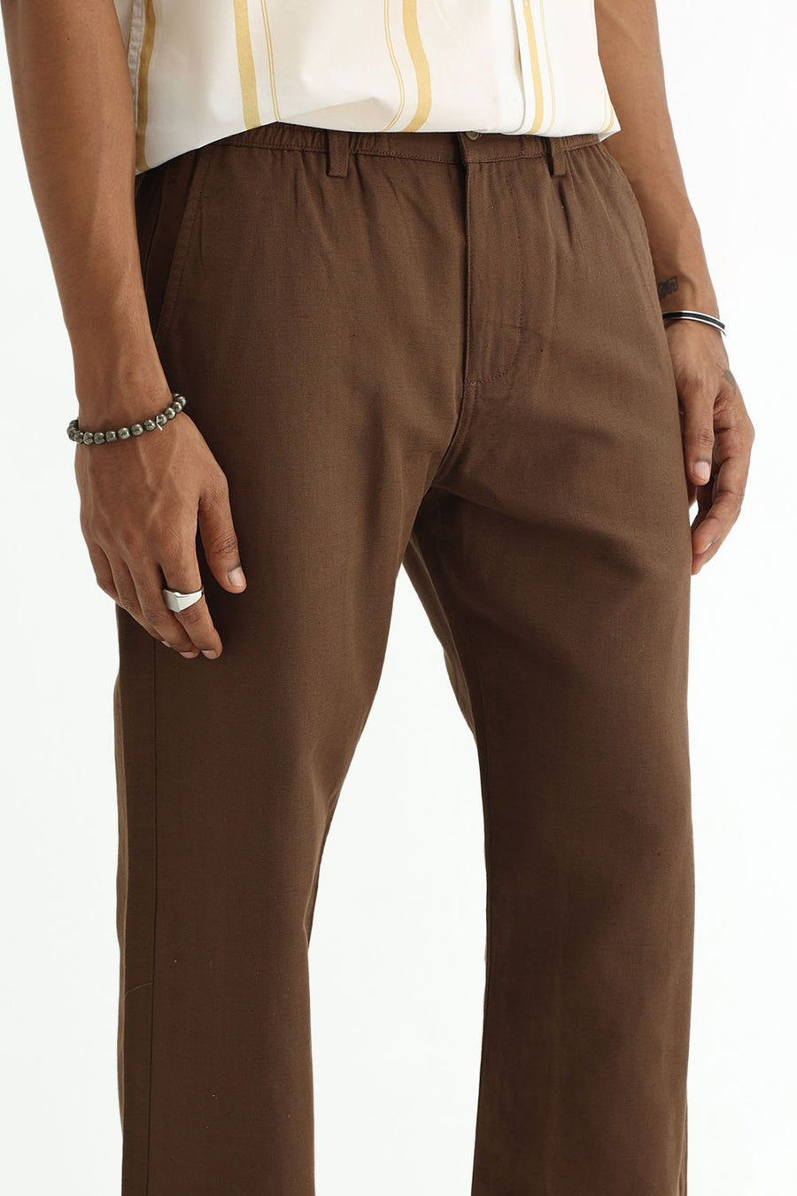 BASICS DRIFT FIT DESERT PALM BROWN COTTON LINEN STRUCTURE TROUSER