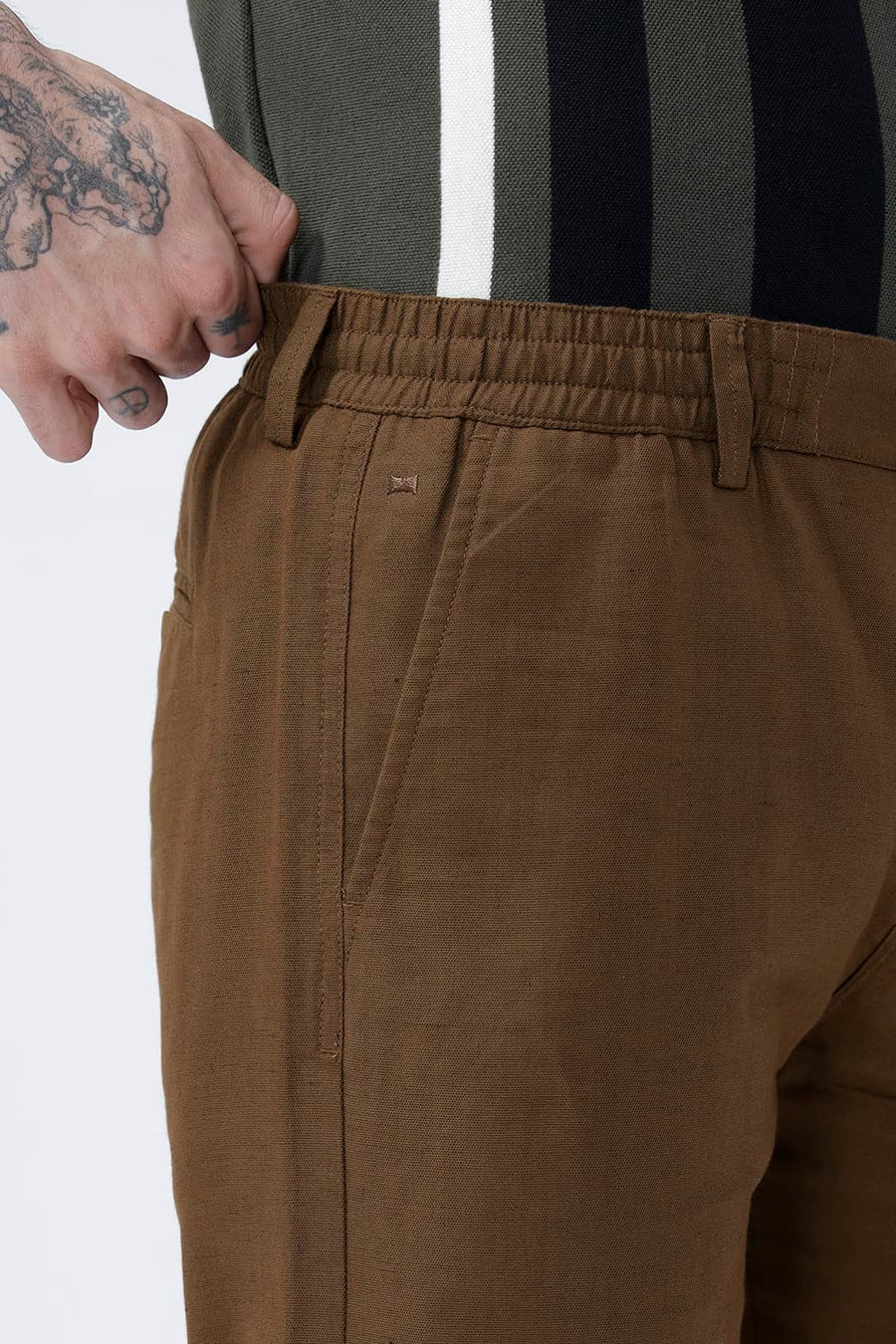 BASICS DRIFT FIT DESERT PALM BROWN COTTON LINEN STRUCTURE TROUSER