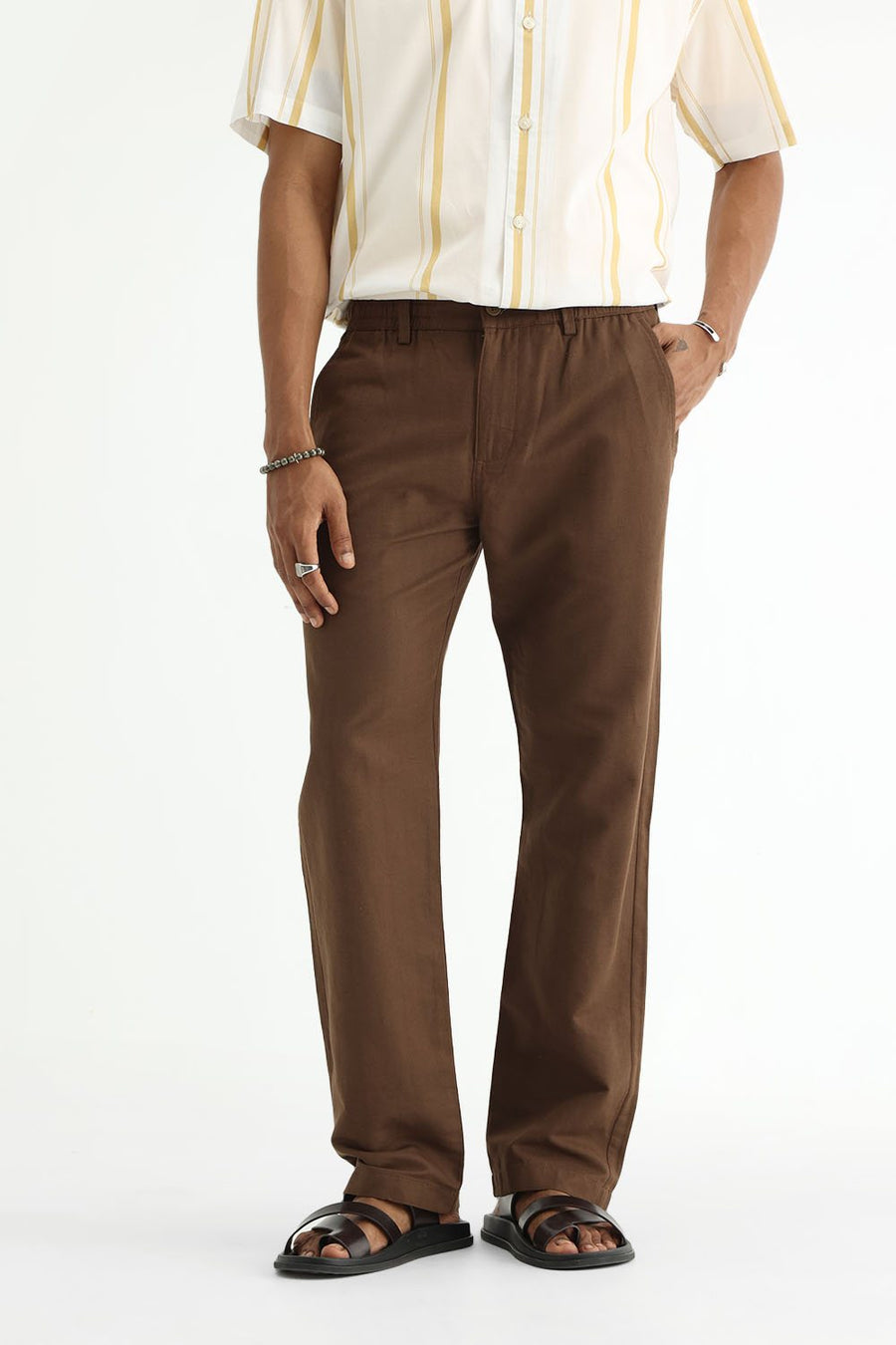 BASICS DRIFT FIT DESERT PALM BROWN COTTON LINEN STRUCTURE TROUSER