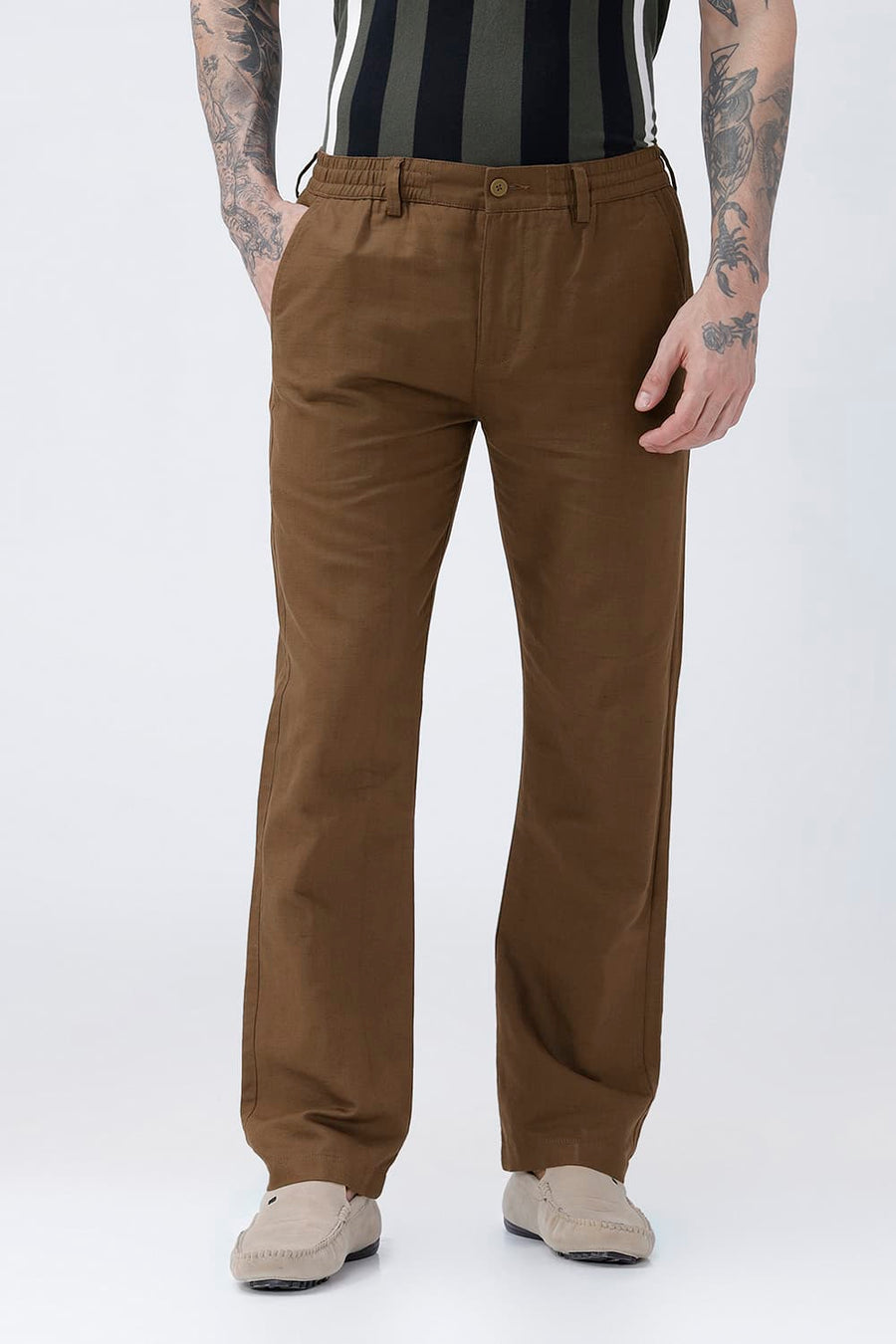 BASICS DRIFT FIT DESERT PALM BROWN COTTON LINEN STRUCTURE TROUSER