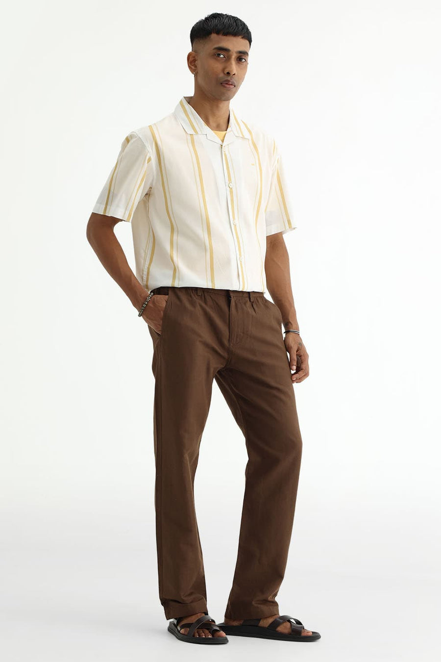 BASICS DRIFT FIT DESERT PALM BROWN COTTON LINEN STRUCTURE TROUSER