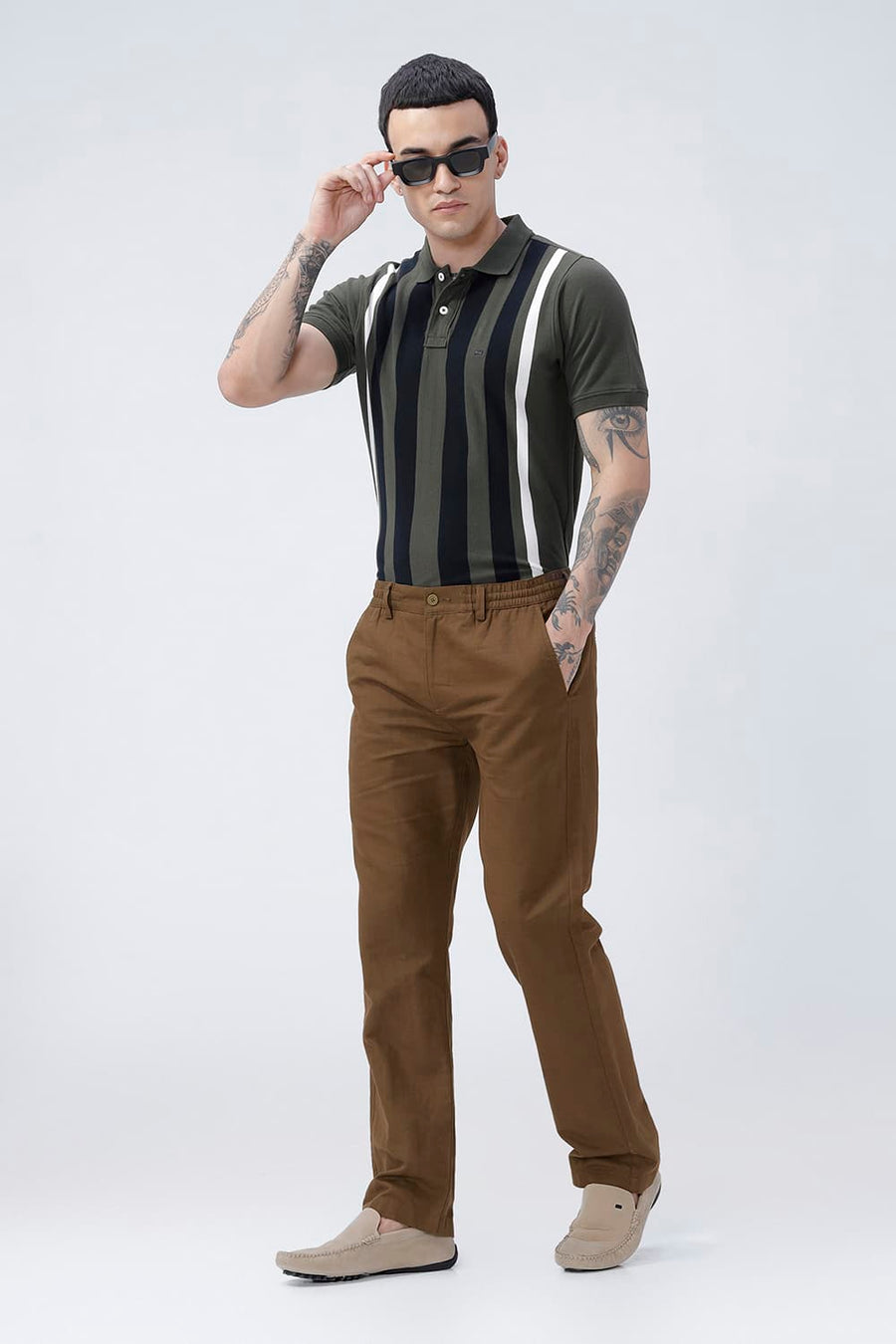BASICS DRIFT FIT DESERT PALM BROWN COTTON LINEN STRUCTURE TROUSER