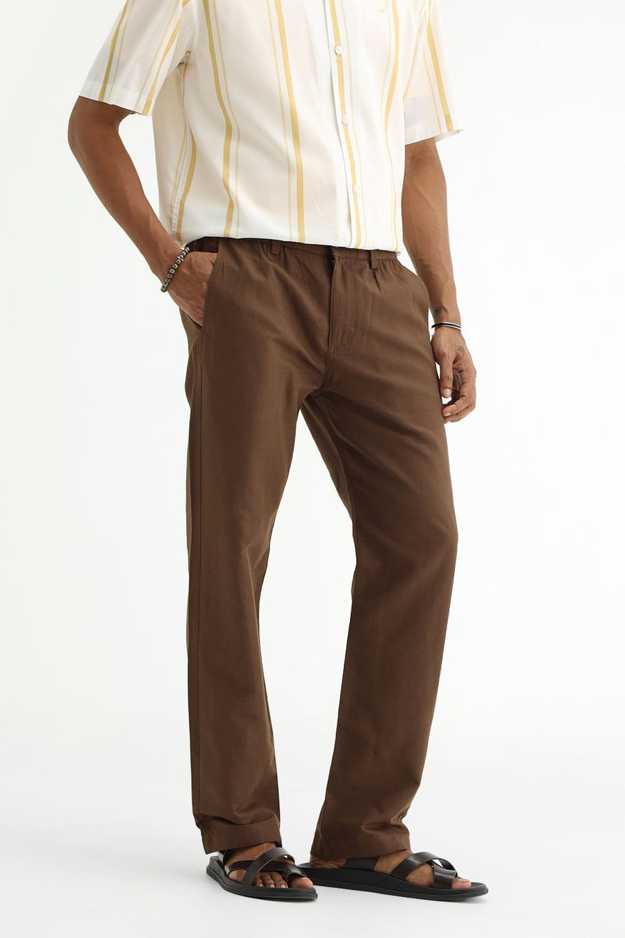 BASICS DRIFT FIT DESERT PALM BROWN COTTON LINEN STRUCTURE TROUSER