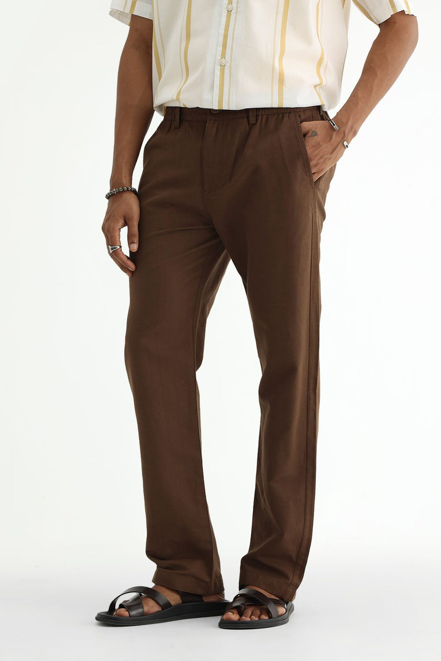 BASICS DRIFT FIT DESERT PALM BROWN COTTON LINEN STRUCTURE TROUSER