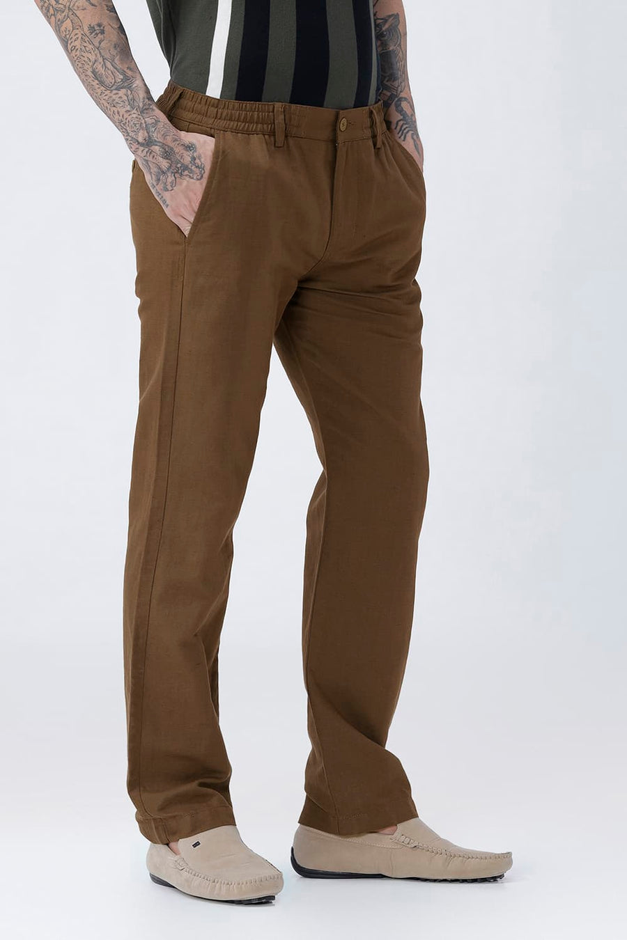 BASICS DRIFT FIT DESERT PALM BROWN COTTON LINEN STRUCTURE TROUSER