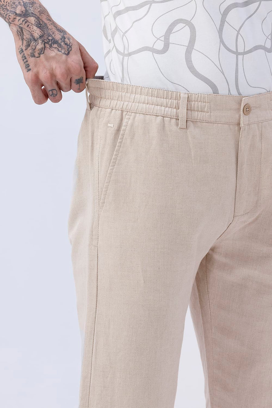 BASICS DRIFT FIT NATURAL PASTEL PARCHMENT COTTON LINEN STRUCTURE TROUSER