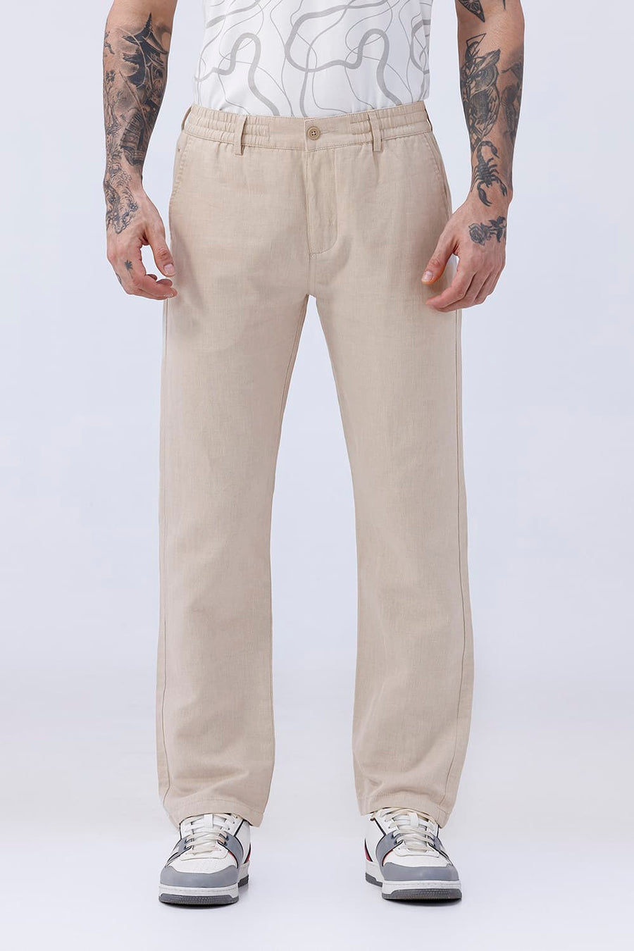 BASICS DRIFT FIT NATURAL PASTEL PARCHMENT COTTON LINEN STRUCTURE TROUSER