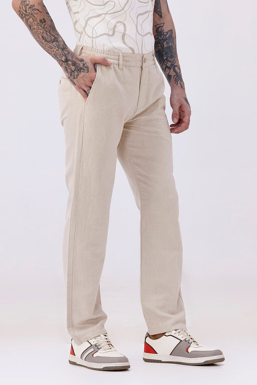 BASICS DRIFT FIT NATURAL PASTEL PARCHMENT COTTON LINEN STRUCTURE TROUSER