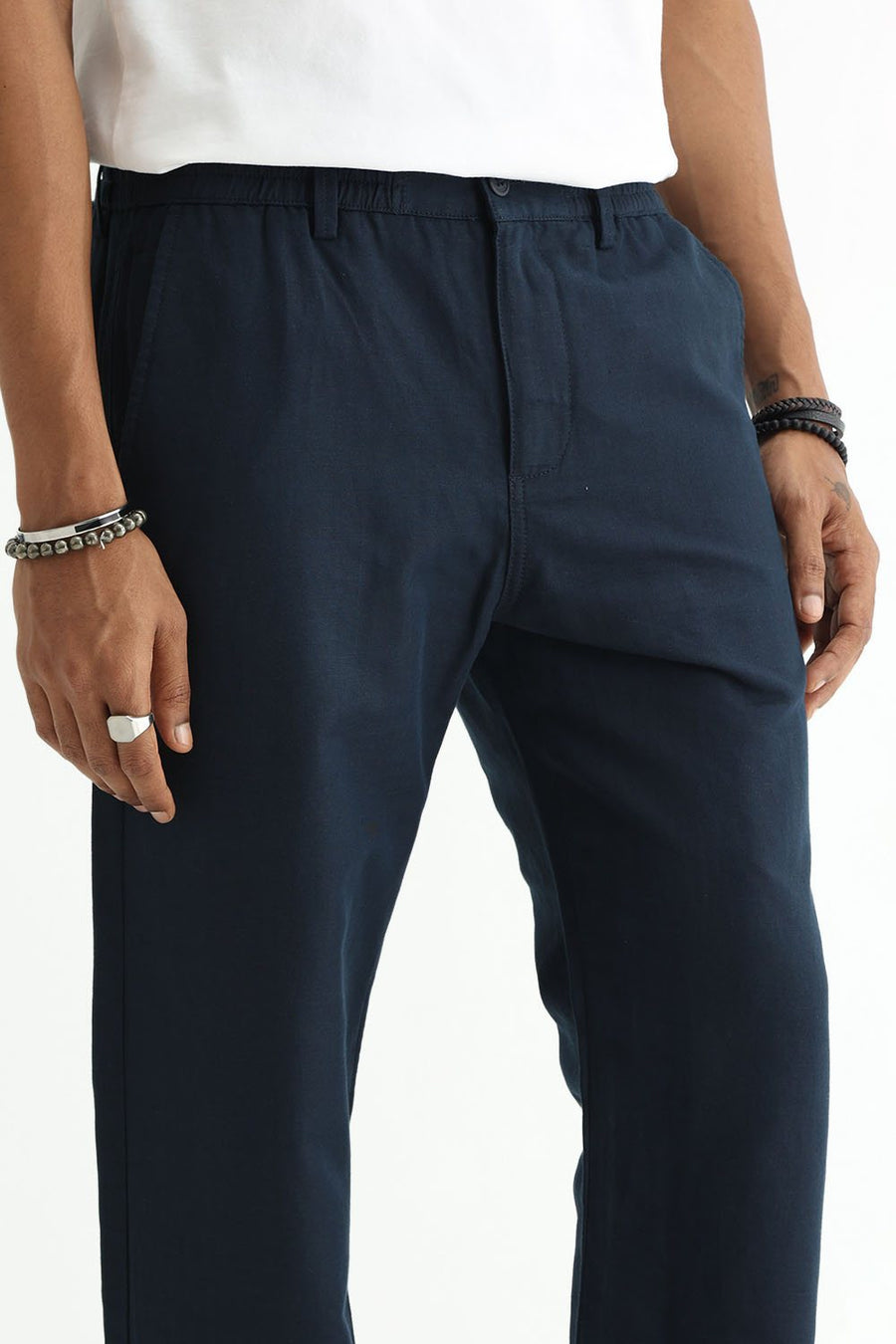 BASICS DRIFT FIT SEA STORM NAVY COTTON LINEN STRUCTURE TROUSER