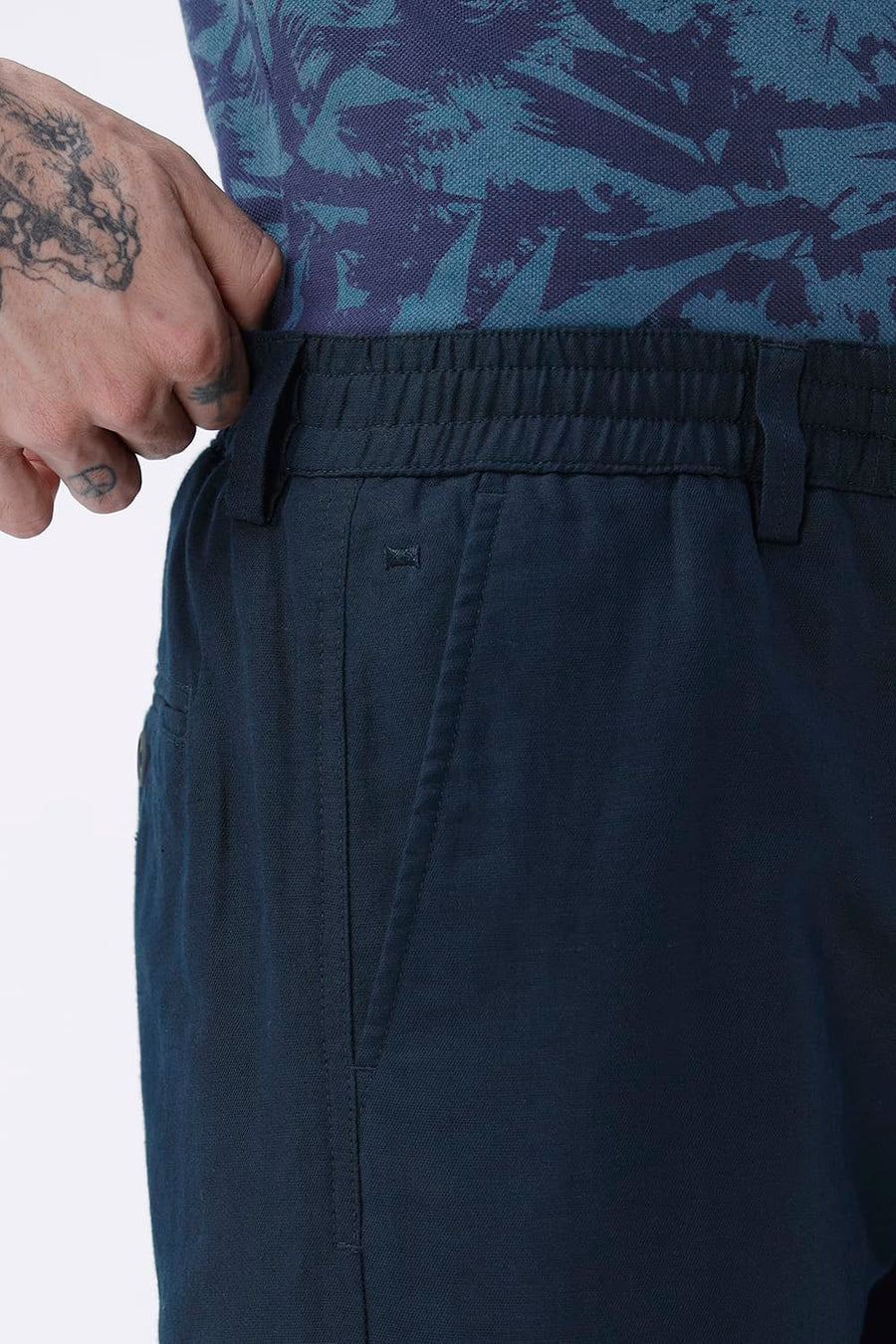 BASICS DRIFT FIT SEA STORM NAVY COTTON LINEN STRUCTURE TROUSER