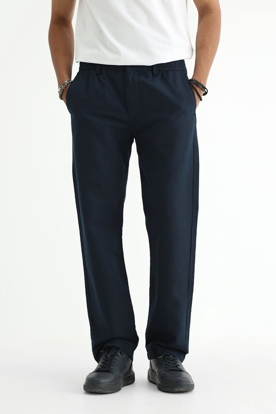 BASICS DRIFT FIT SEA STORM NAVY COTTON LINEN STRUCTURE TROUSER