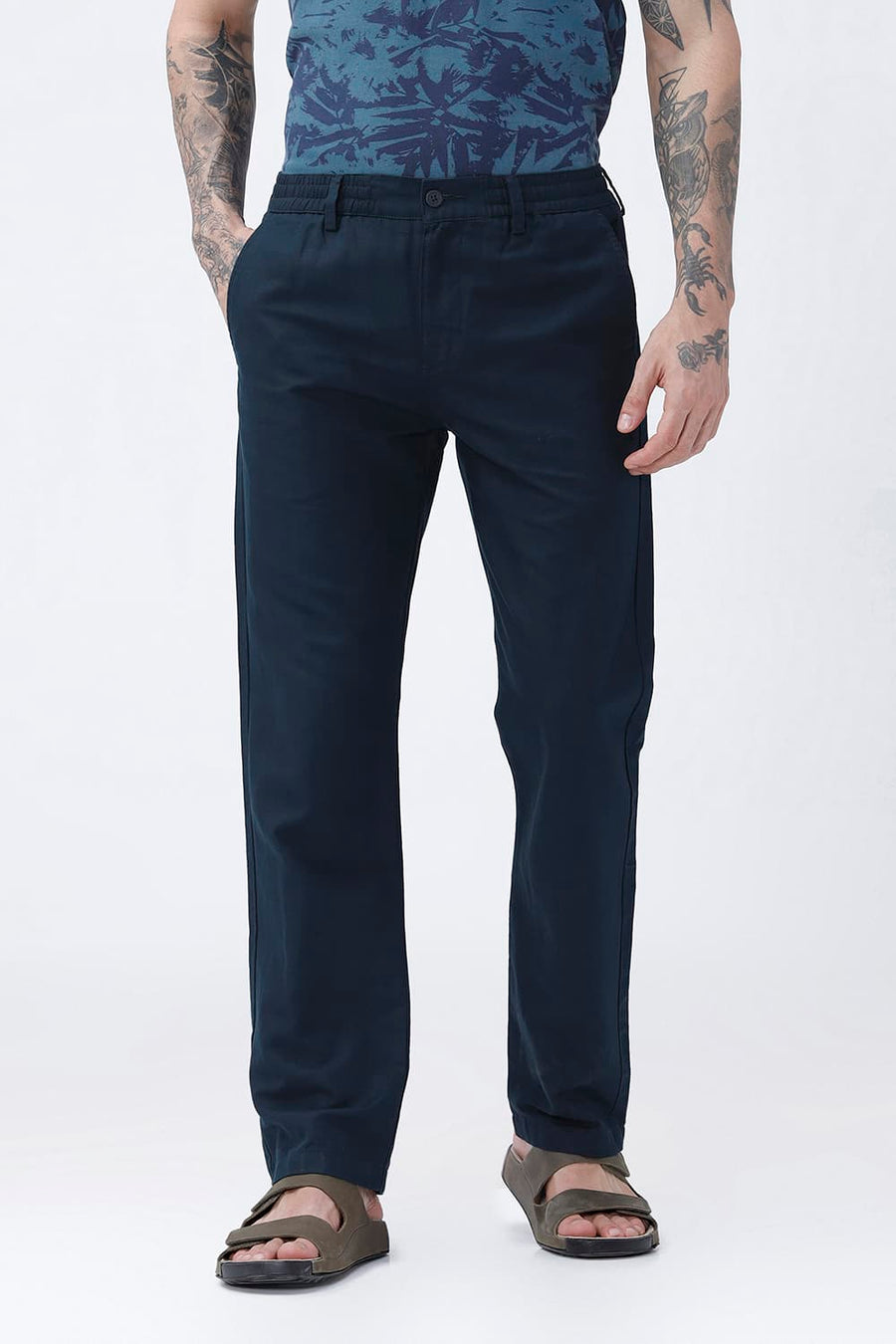 BASICS DRIFT FIT SEA STORM NAVY COTTON LINEN STRUCTURE TROUSER