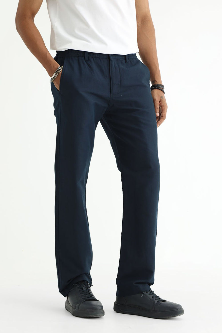 BASICS DRIFT FIT SEA STORM NAVY COTTON LINEN STRUCTURE TROUSER