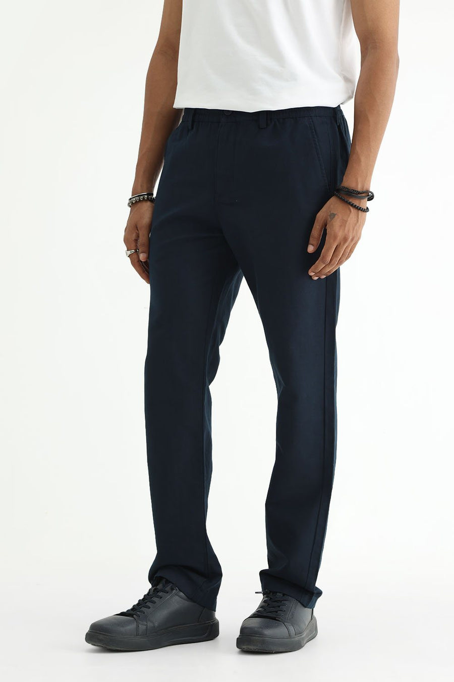 BASICS DRIFT FIT SEA STORM NAVY COTTON LINEN STRUCTURE TROUSER