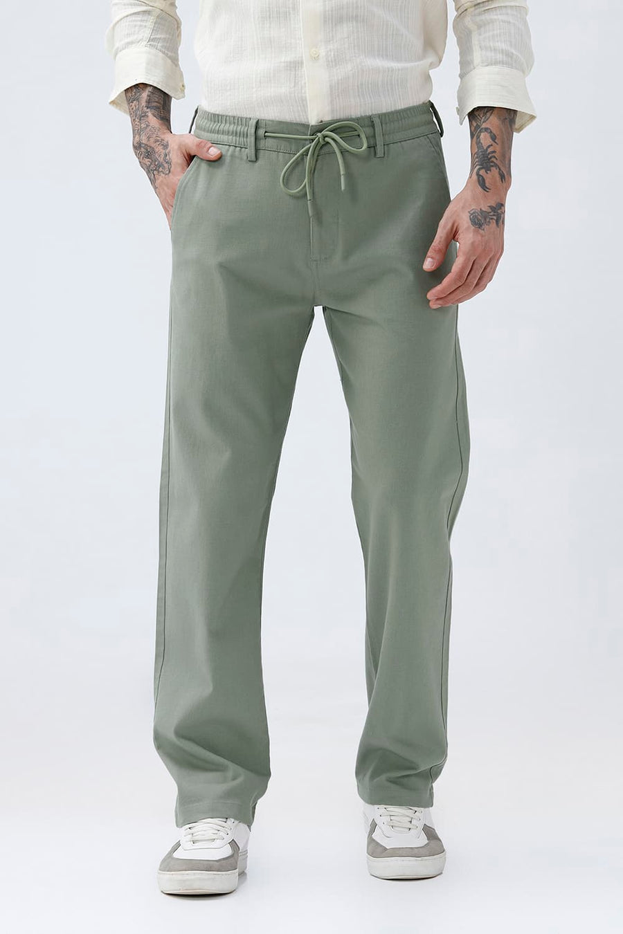 BASICS DRIFT FIT SEAGRASS GREEN COTTON STRETCH STRUCTURE TROUSER