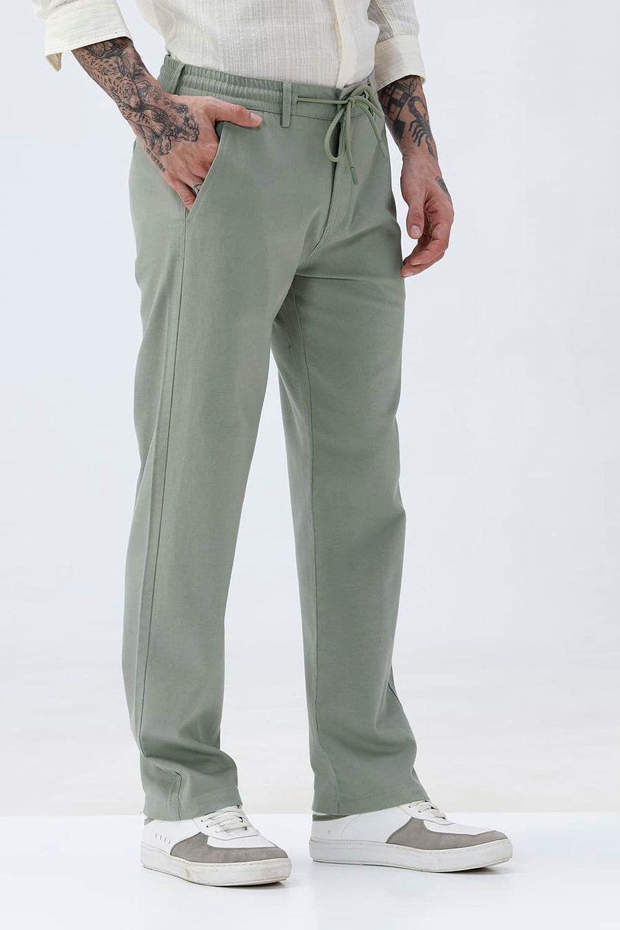 BASICS DRIFT FIT SEAGRASS GREEN COTTON STRETCH STRUCTURE TROUSER