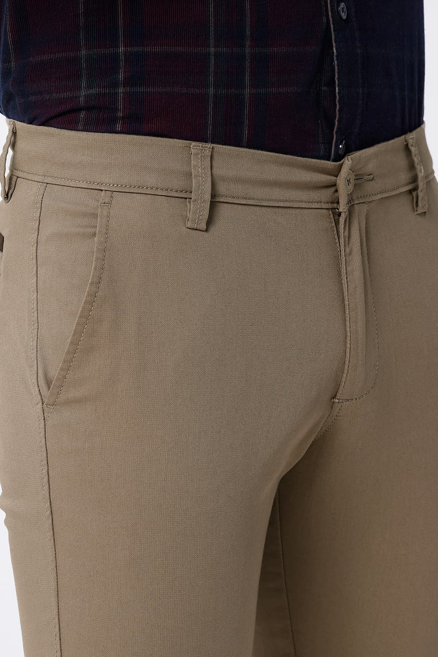 BASICS TAPERED FIT KHAKI COTTON STRETCH STRUCTURE TROUSER
