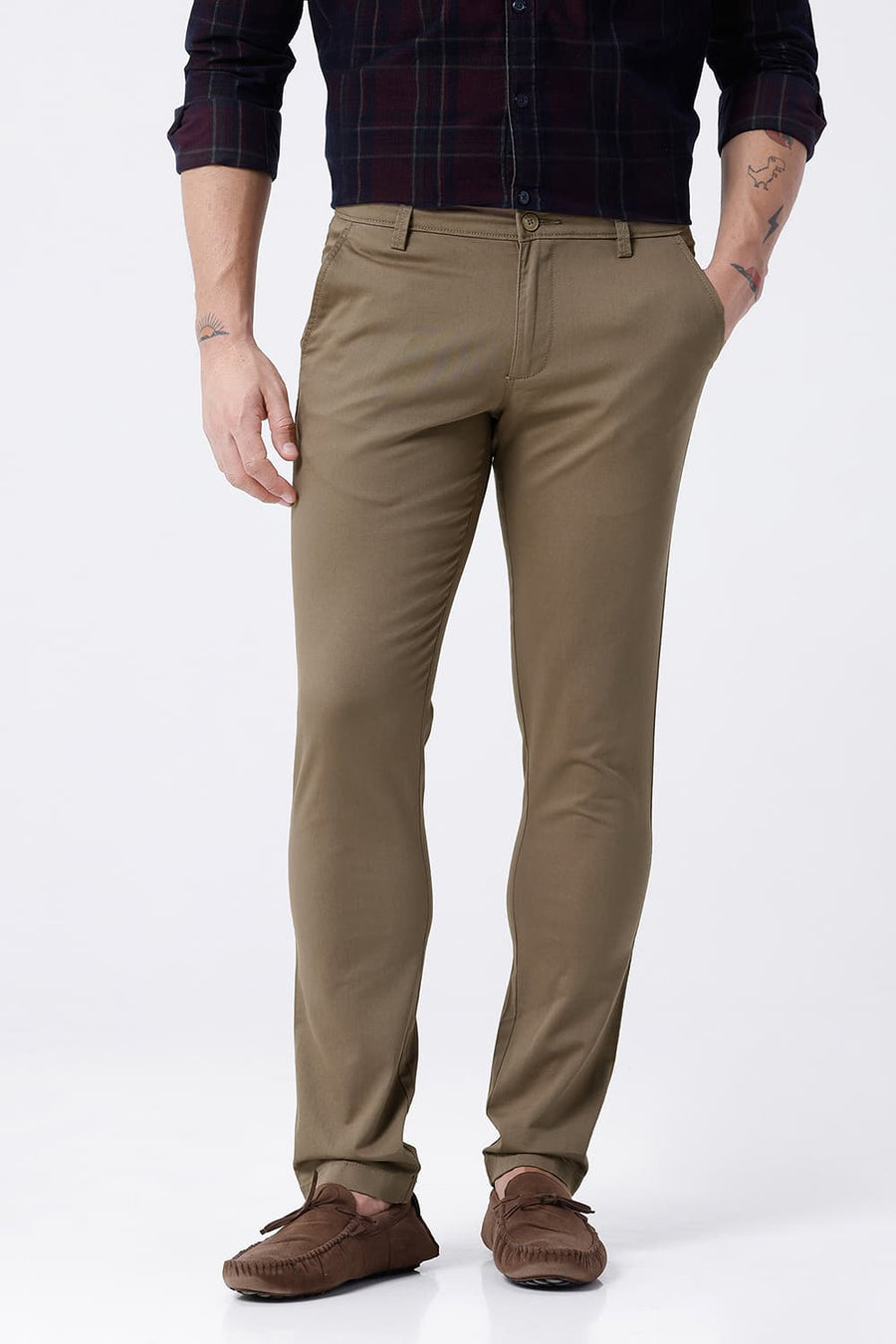 BASICS TAPERED FIT KHAKI COTTON STRETCH STRUCTURE TROUSER