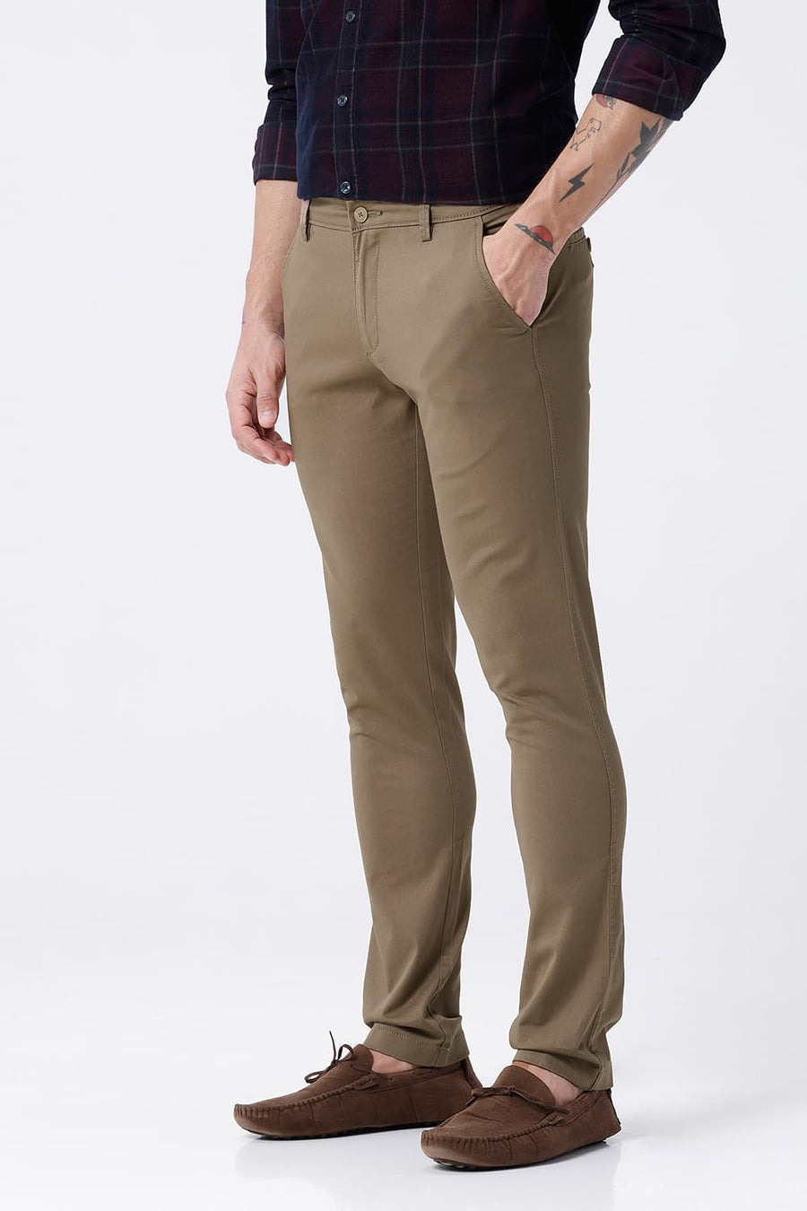 BASICS TAPERED FIT KHAKI COTTON STRETCH STRUCTURE TROUSER
