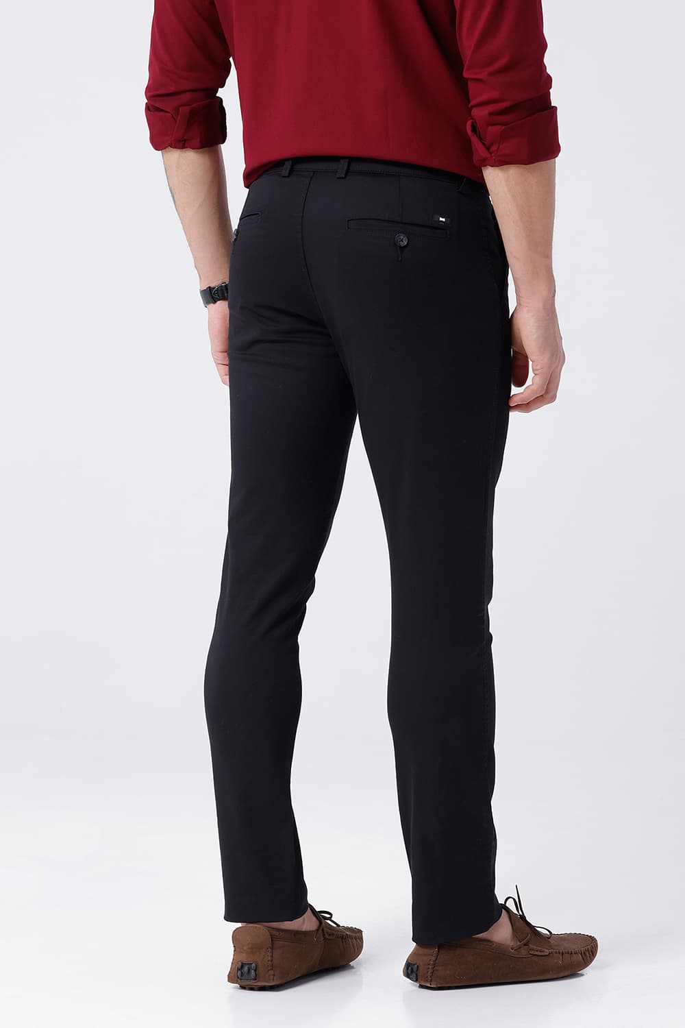 BASICS TAPERED FIT BOTTOMLESS BLACK COTTON STRETCH STRUCTURE TROUSER