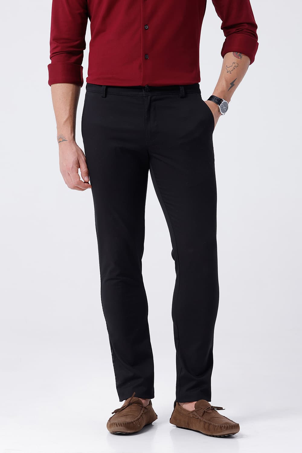 BASICS TAPERED FIT BOTTOMLESS BLACK COTTON STRETCH STRUCTURE TROUSER