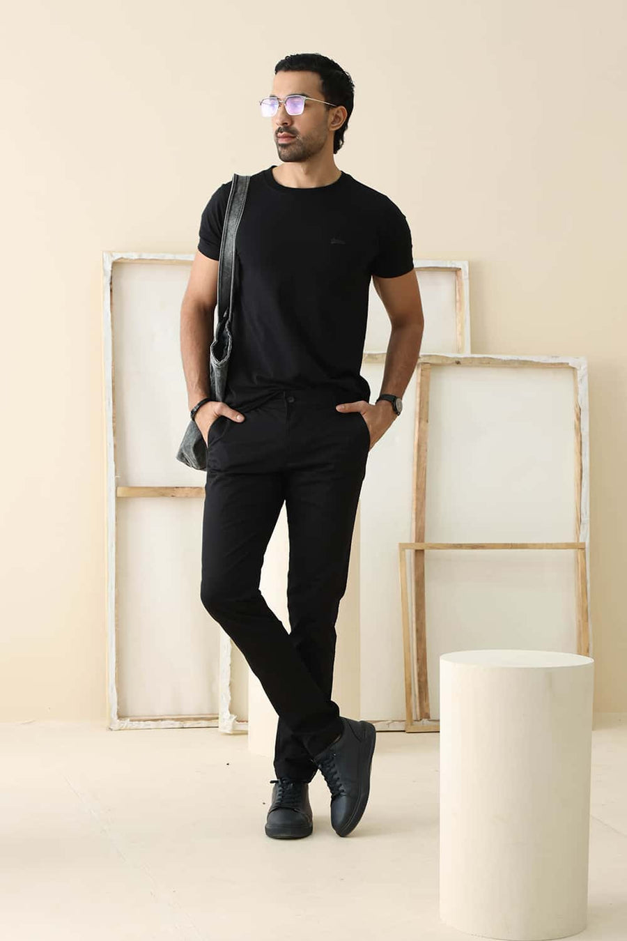 Basics Tapered Fit Bottomless Black Cotton Stretch Structure Trouser