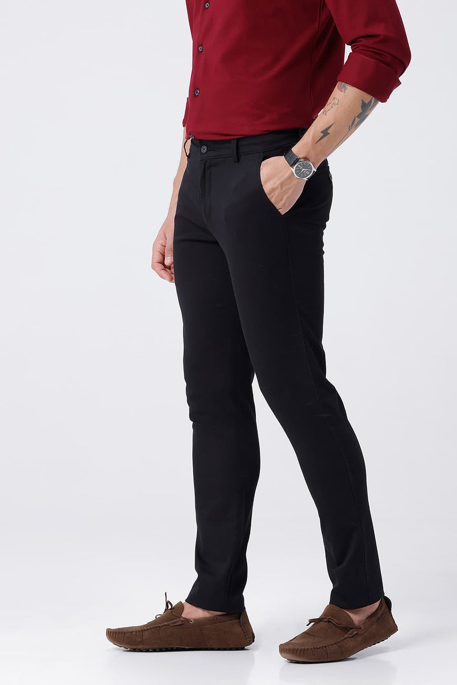 BASICS TAPERED FIT BOTTOMLESS BLACK COTTON STRETCH STRUCTURE TROUSER