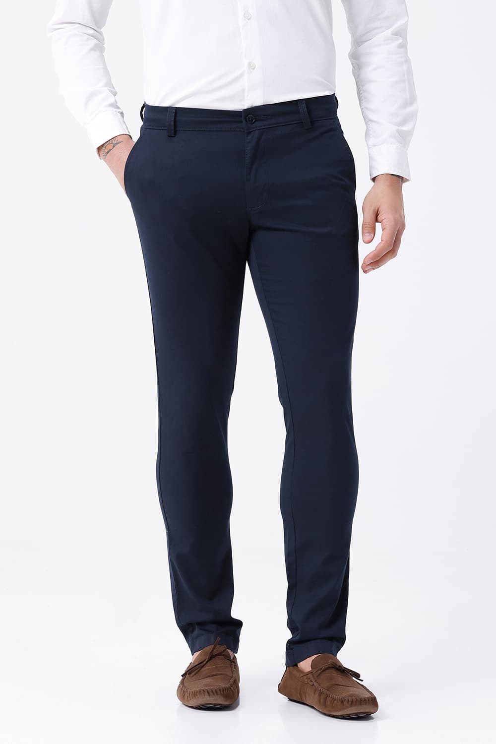 BASICS TAPERED FIT NAVY COTTON STRETCH STRUCTURE TROUSER