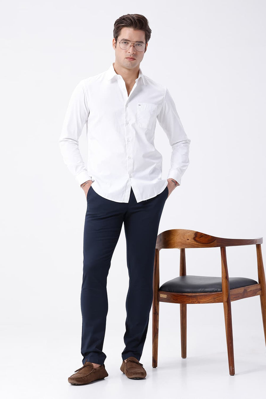BASICS TAPERED FIT NAVY COTTON STRETCH STRUCTURE TROUSER