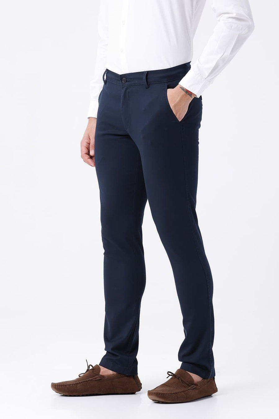 BASICS TAPERED FIT NAVY COTTON STRETCH STRUCTURE TROUSER