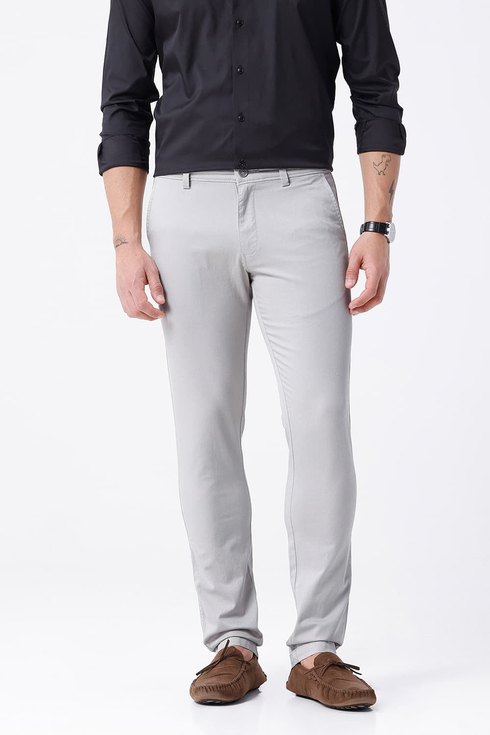 BASICS TAPERED FIT LIGHT GREY COTTON STRETCH STRUCTURE TROUSER
