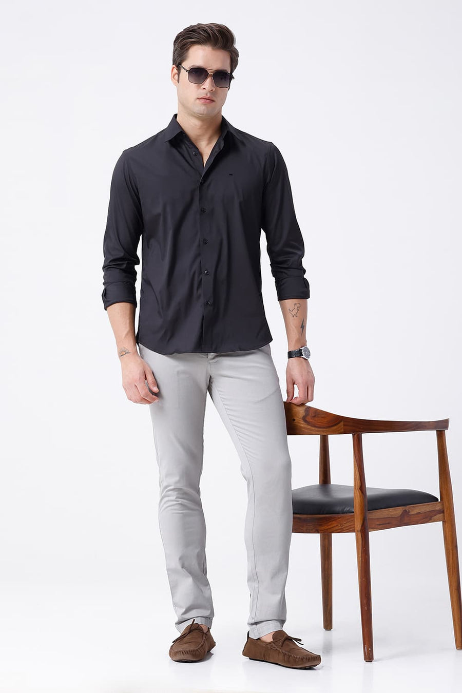 BASICS TAPERED FIT LIGHT GREY COTTON STRETCH STRUCTURE TROUSER