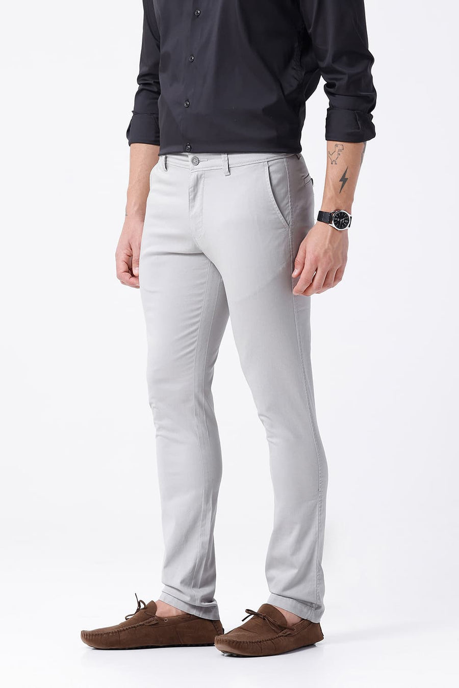 BASICS TAPERED FIT LIGHT GREY COTTON STRETCH STRUCTURE TROUSER