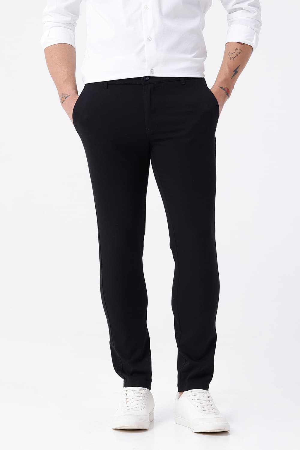 BASICS SKINNY FIT BOTTOMLESS BLACK COTTON STRETCH STRUCTURE TROUSER