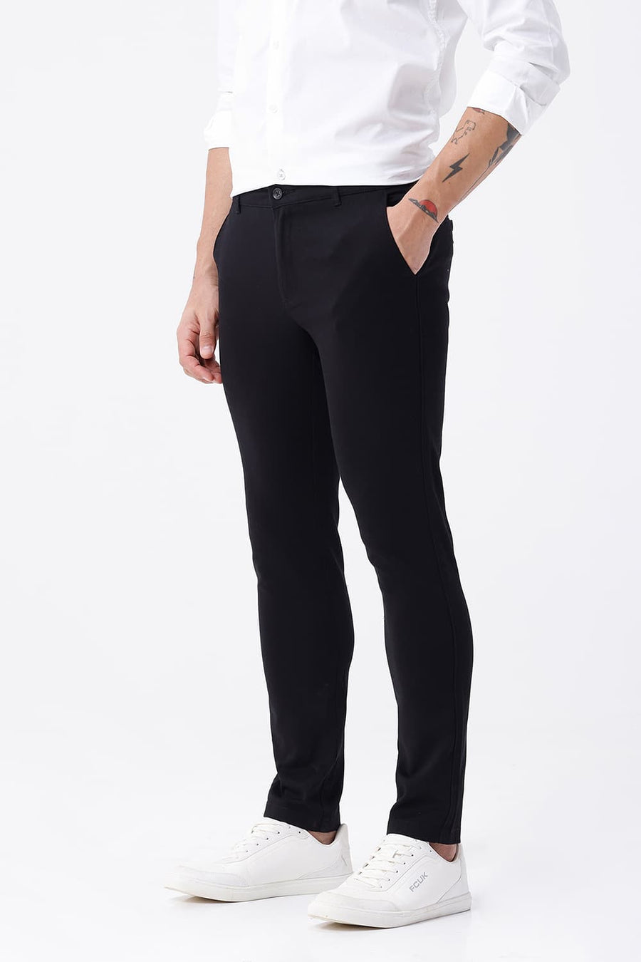 BASICS SKINNY FIT BOTTOMLESS BLACK COTTON STRETCH STRUCTURE TROUSER