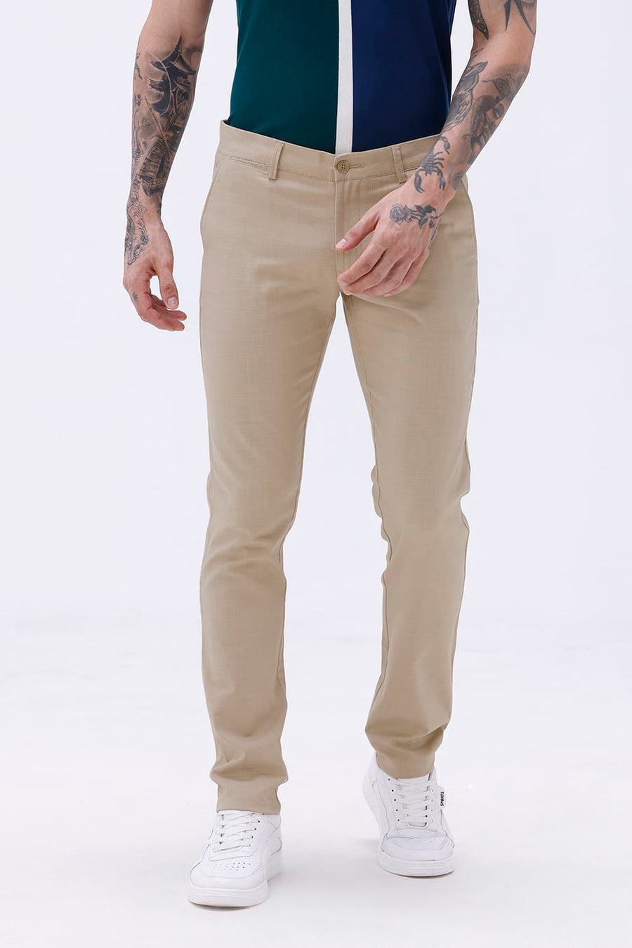 BASICS TAPERED FIT NOMAD KHAKI COTTON STRETCH STRUCTURE TROUSER