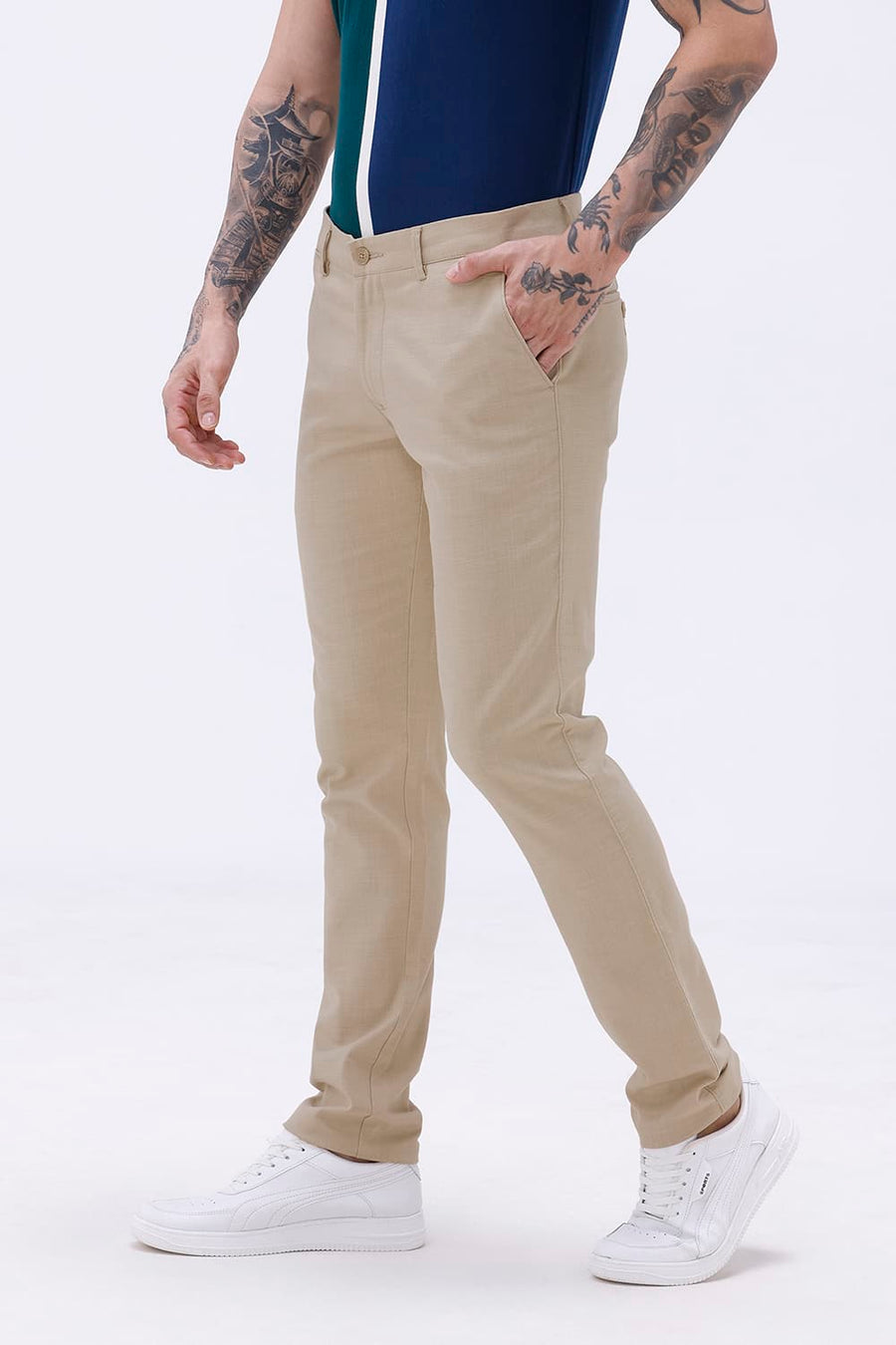 BASICS TAPERED FIT NOMAD KHAKI COTTON STRETCH STRUCTURE TROUSER