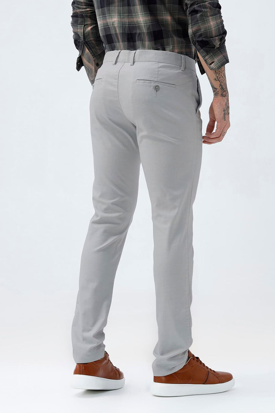 BASICS TAPERED FIT HARBOR MIST GREY COTTON STRETCH STRUCTURE TROUSER
