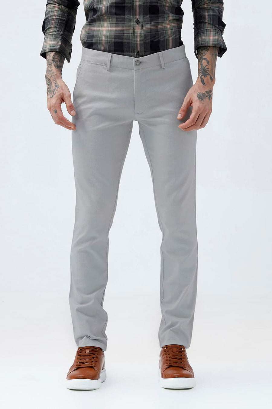 BASICS TAPERED FIT HARBOR MIST GREY COTTON STRETCH STRUCTURE TROUSER