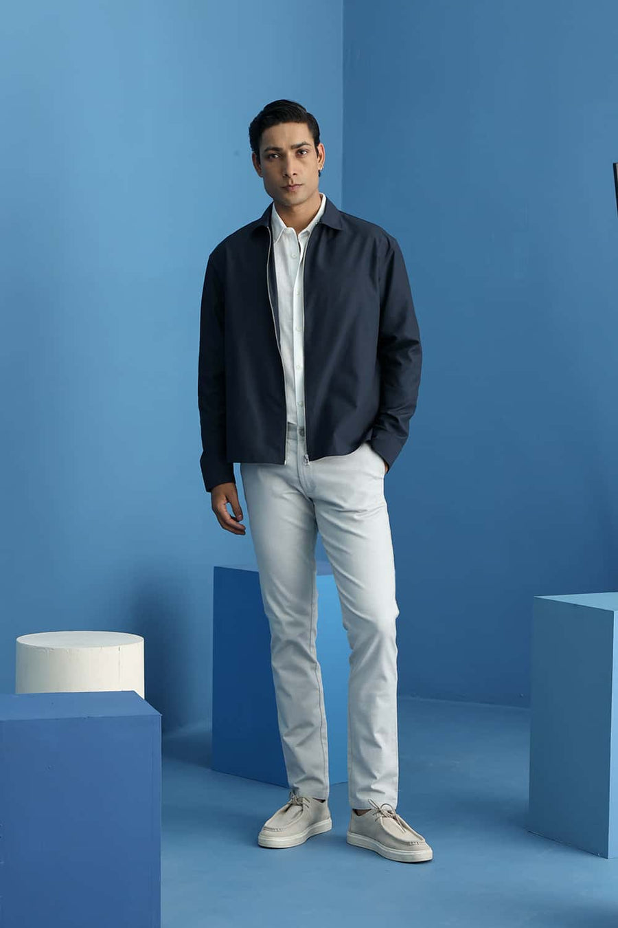 BASICS TAPERED FIT HARBOR MIST GREY COTTON STRETCH STRUCTURE TROUSER